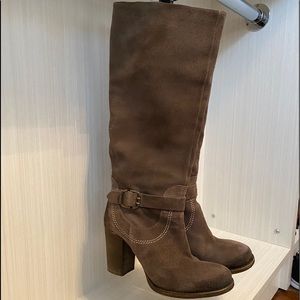Italian Suede Block Heel Knee Boots,Taupe,Size 36